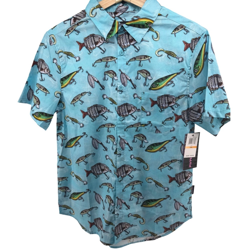 Psycho Tuna‎ Mens Short Sleeve Button Up Shirt Blue Lures Fish Print SM NWT